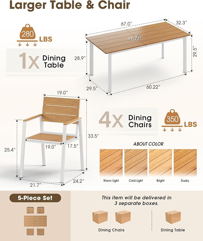 Outdoor Dining Set for 4, Aluminum Patio HDPS Outdooor Table and Chairs Set with Umbrella Hole, All Weather Patio Furniture Set, 5 Peice Patio Dining Table Set (White & Teak)