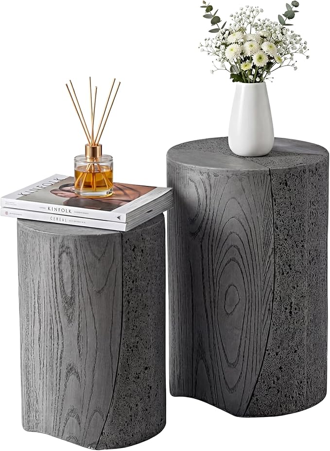 HOMPUS Outdoor Side Table Set of 2, Concrete Nesting Table Round w Spotted & Faux Wooden Modern MgO End Table, Lightweight Functional Patio Accent Table for Garden, Deck, Poolside, Grey