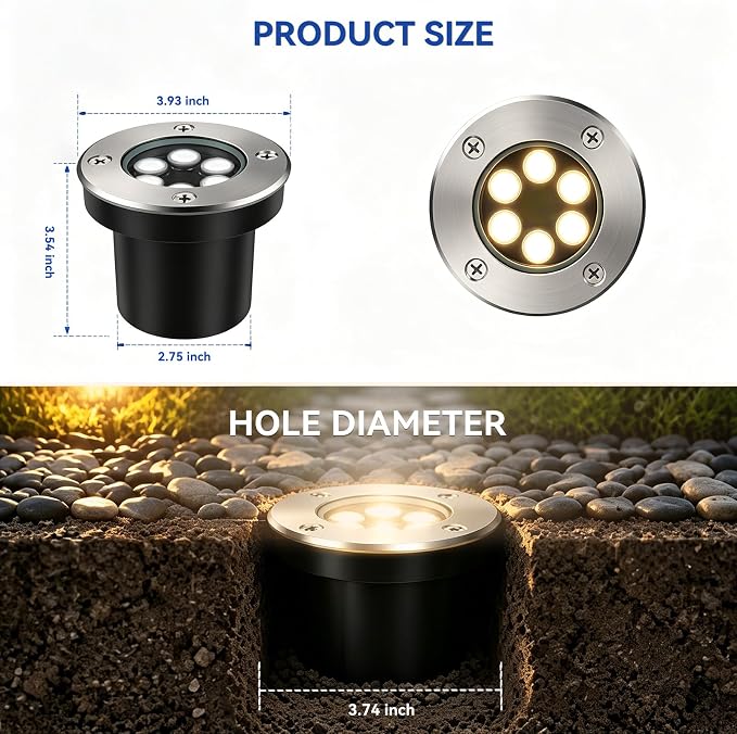 JESLED Outdoor Landscape Lights, Low Voltage In Ground Well Lights, 6 Pack | 3000K Warm White, 6W LED, 12V/24V, IP67 Waterproof, 5-Ton Pressure Resistant & 90° Beam for Driveway Decks Step Garden
