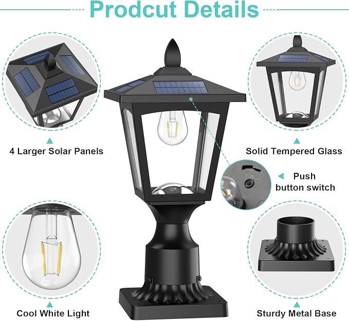 Solar Post Lights, 6000K Dusk to Dawn Solar Lamp Post Light with Pier Mount Base, Solar Post Lights Outdoor Waterproof for Garden Yard Landscape Pole Pillar, Outside Decorative Lamp(Cool White)