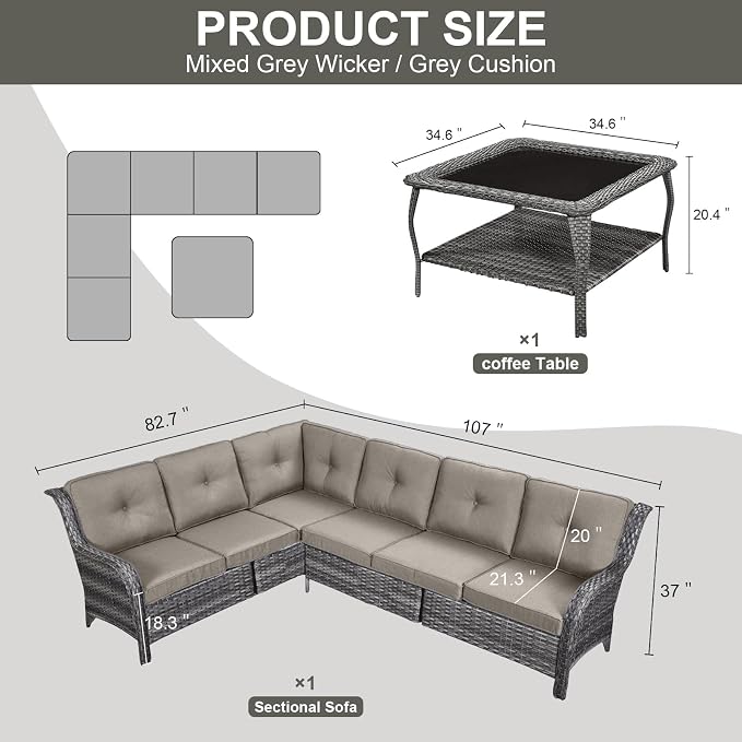 Belord Patio Furniture Set 6 Seats, Oversized Outdoor Sectional Couch, Two 3-Seater Sofas with Coffee Table, Patio Conversation Sets,Ideal for Porch, Deck, Gray Wicker/Gray