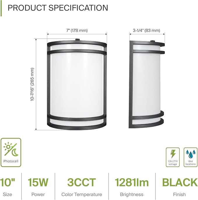 ASD 10 Inch Dusk to Dawn LED Outdoor Sconce Lights - 15W 120-277V 3000K-5000K Black Exterior Lighting Fixtures, Exterior Lights for House, Photocell Patio Wall Light Fixture ETL