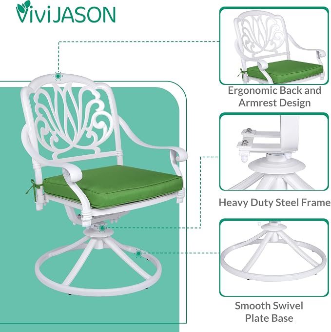VIVIJASON 5-Piece Outdoor Patio Dining Set, All-Weather Cast Aluminum Conversation Set, Patio Furniture Set for Balcony Lawn Garden, Include 4 Swivel Chairs, 1 Round Table w/Umbrella Hole, White