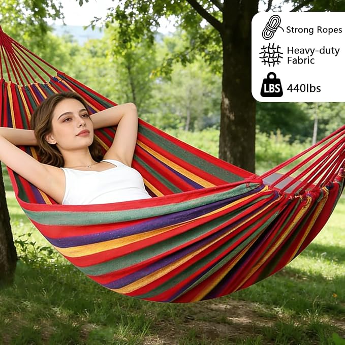 Cotton Canvas Hammock with Tree Straps - Portable Hammock for Outdoor Indoor Patio Backyard, Camping Hammock with Carry Bag, 440lbs Capacity, Without Stand(Red, Without bar)