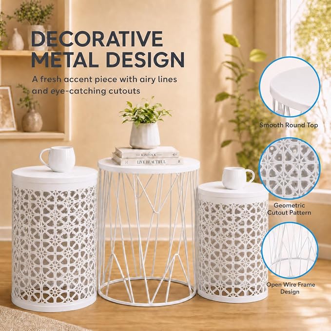 Y&M Outdoor Side Tables, Set of 3 Metal Stacking Patio Side Tables for Outside, Round Indoor End Tables, Coffee Accent Poolside Tables for Patio Garden Balcony, White