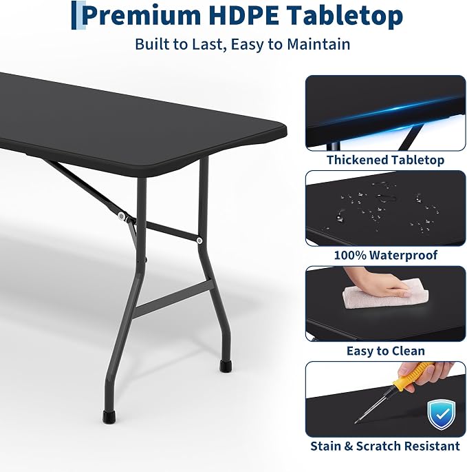 Garvee 6FT Portable Folding Table 2 Pack, HDPE Plastic Foldable Table with Carry Handle for Camping, Parties, Picnic & Events Indoor Outdoor, Black
