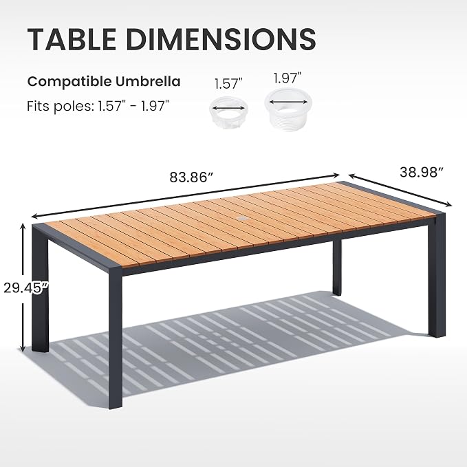 Crestlive Outdoor Dining Table for 8, Patio Table with Umbrella Hole, Aluminum Frame & WPC Wood-Like Tabletop Ideal for Garden, Backyard, and Indoor
