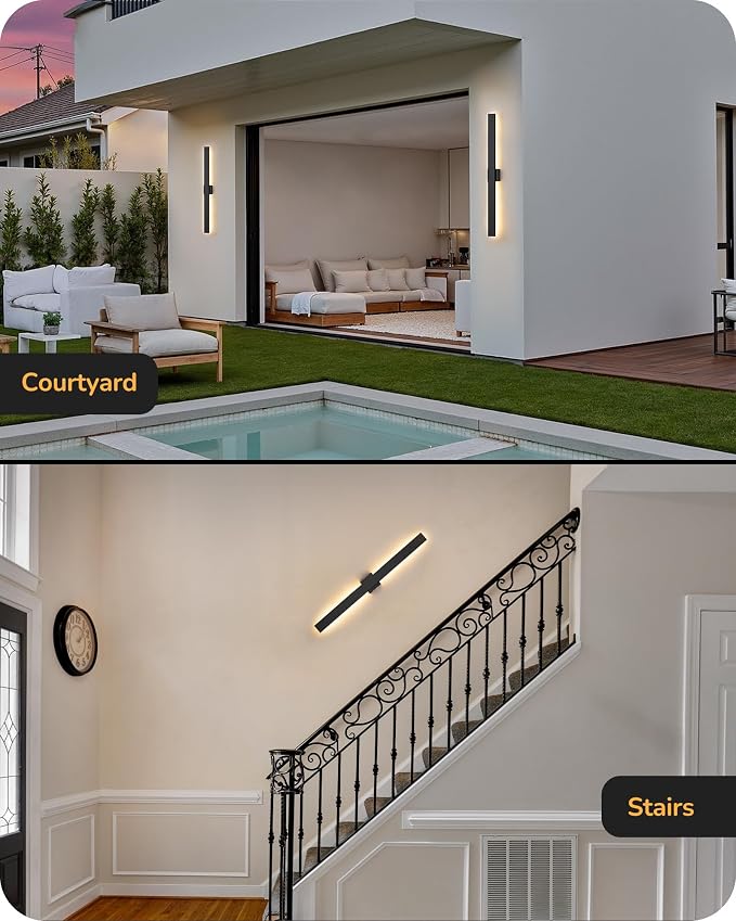 EDISHINE 2 Pack Modern Outdoor Wall Lights Dimmable, 39.3" Linear Led Exterior Wall Light, 3CCT, Iron & PC, IP65 Waterproof, Long Exterior Lighting Fixtures for Front Door, Stair, Black