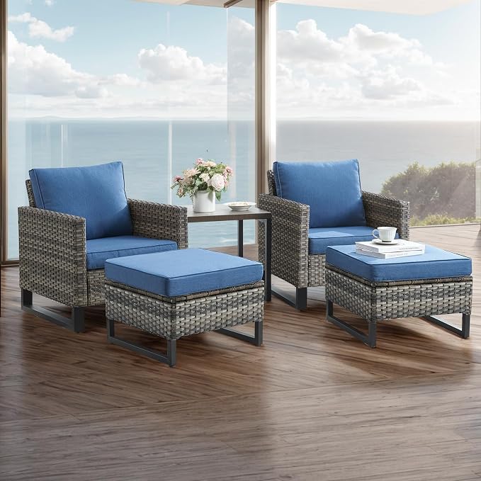 Rilyson Luxury Wicker Outdoor Patio Furniture Set of 5-5 Piece Patio Conversation Set with Ottoman*2, Wicker Chairs*2, Metal Side Table*1 for Outside Porch Deck Backyard Garden(Mixed Grey/Blue)