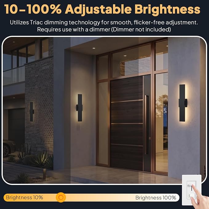 2 Pack LED Outdoor Wall Lights Dimmable, 3000K/4500K/6000K, 15.7" Modern Black Outdoor Wall Sconce, Linear IP65 Waterproof Exterior Wall Light Fixture for Entrance, Hallway, Garage, Porch