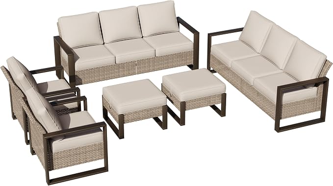 Joyside Outdoor Patio Chairs, 5 Pieces Wicker Rattan Furniture Set, 2 Patio Chairs, 2 Sofa and 2 Ottoman, Metal Wide Armrest, Thick Cushions and Deep Seating for Garden, Backyard, Porch, Deck