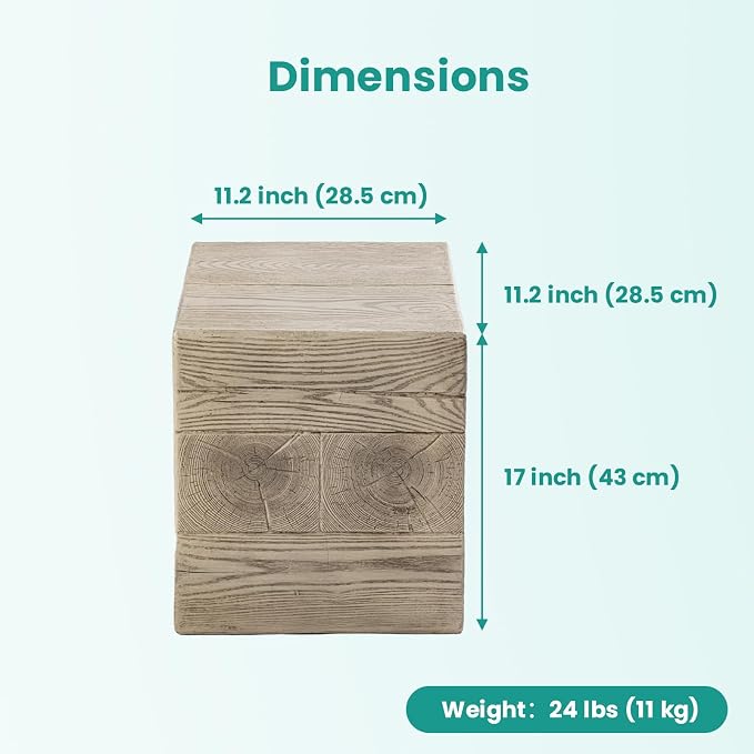 SUNBURY Outdoor Side Table Square, Faux Wooden Concrete Side Table End Table, Stump Stool for Patio Stand, Deck or Garden, Light Walnut