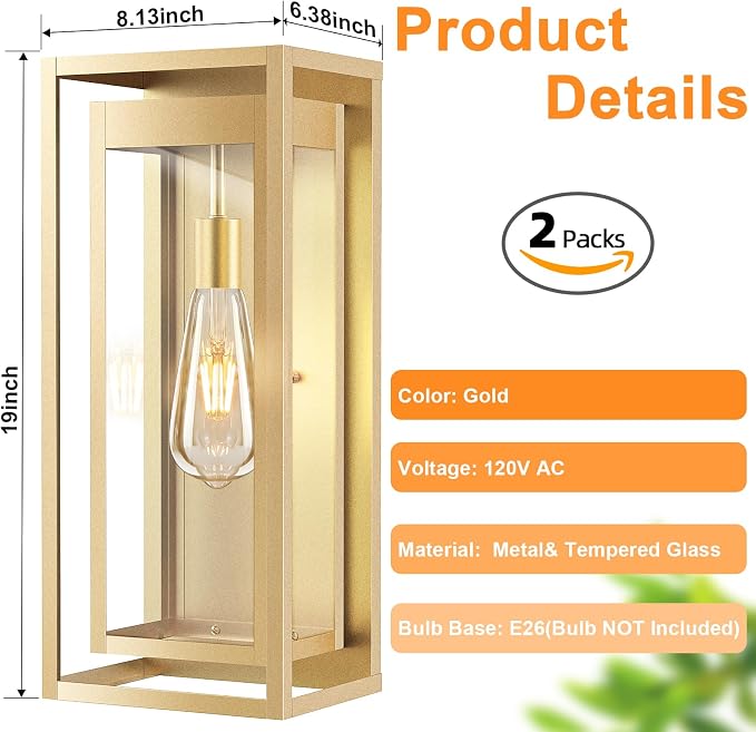 19" Gold Outdoor Light Fixture, 2 Pack Large Size Outdoor Sconce Lights with Clear Glass Shade, Waterproof Porch Lighting Exterior Light Fixture for Front Door, Garage