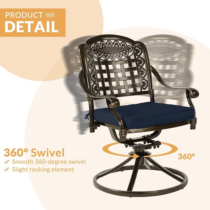 7-Piece Outdoor Patio Dining Set, 60” Rectangular Cast Aluminum Dining Table with Umbrella Hole and 6 Cushioned Swivel Rocker Chairs, Patio Funiture Set for Backyard, Patio, Garden, Navy