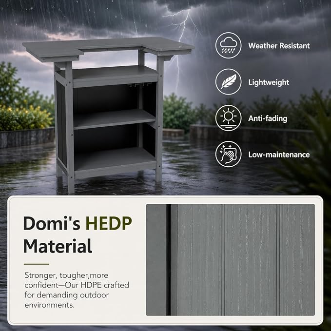 Domi Outdoor Bar Table, All-Weather HDPE Outdoor Kitchen Island with 4-Tier Storage Shelves, Patio Bar with Spacious Tabletop for Backyard, Poolside & BBQ, Grey