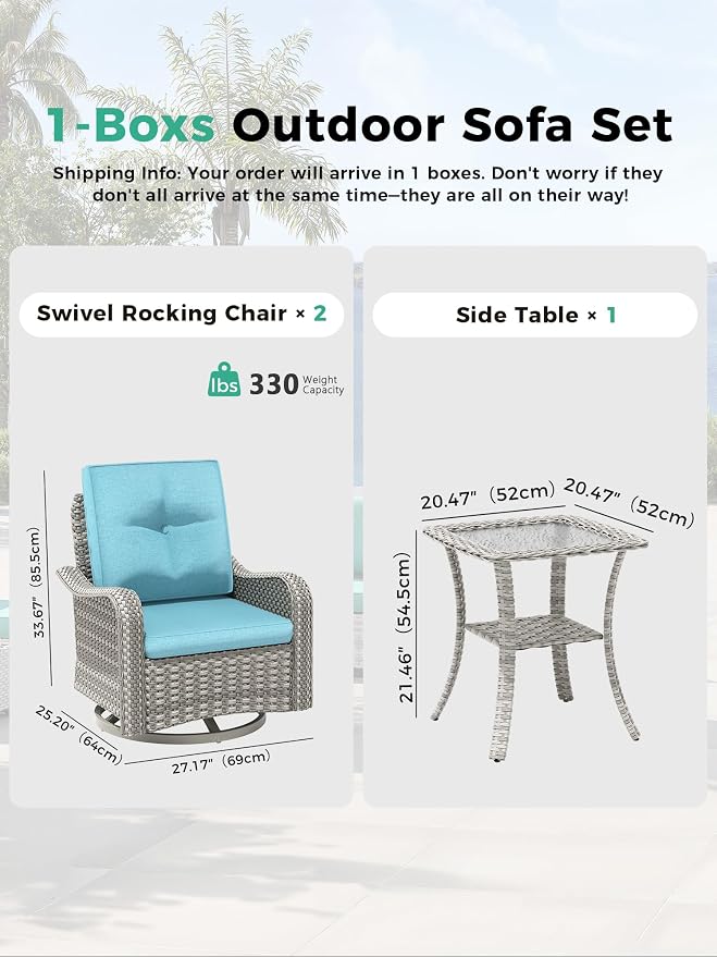3 Piece Outdoor Patio Furniture Set,High Back Wicker Swivel Rocker Patio Chairs with 4" Thickened Cushions & Coffee Table, All-Weather PE Rattan for Garden, Backyard, Porch, Turquoise