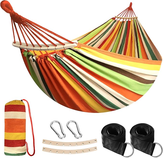 ANYOO Portable Camping Hammock Cotton Hammocks with Spreader Bar Outdoor | Sturdy Lightweight Hammocks Up to 450lbs with Carry Bag