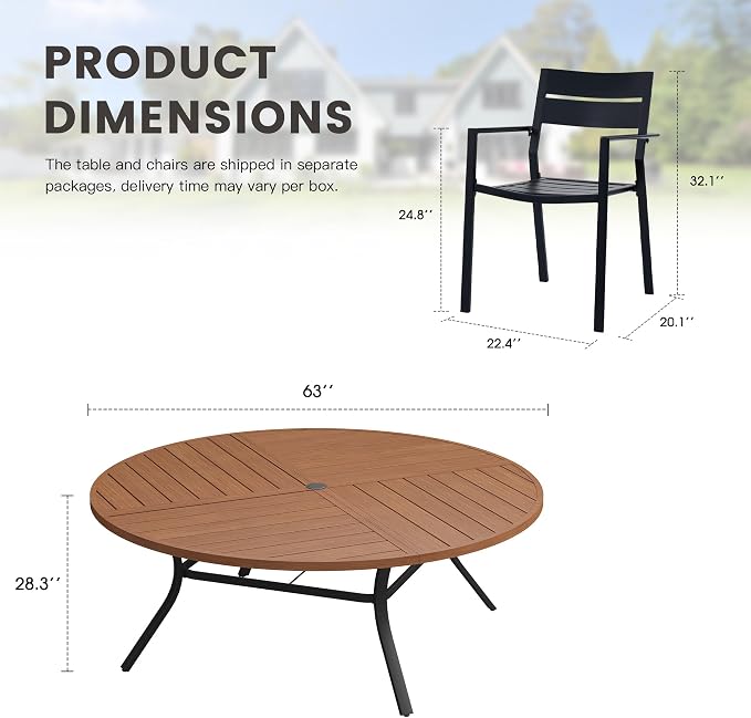 Patio Dining Set for 10, Round 63.1" Patio Dining Table and Stackable Outdoor Dining Chairs Outdoor Furniture for Backyard Porch Deck, Spliced Walnut Table and Black Chairs