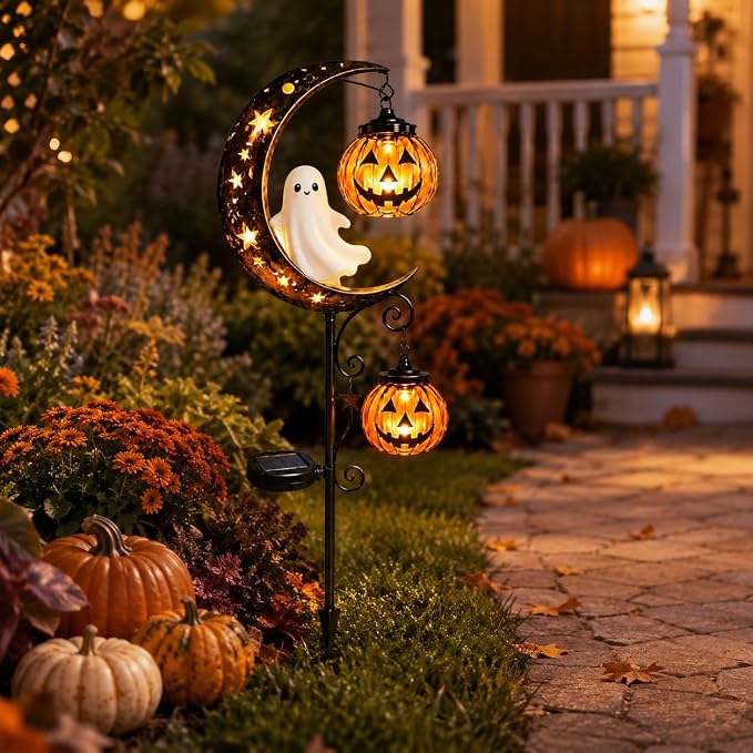 Solar Halloween White Ghost & Pumpkin Moon Garden Stake Light, Outdoor Waterproof LED Yard Decoration with Crescent Moon, Hanging Jack-o'-Lantern Lantern for Garden, Patio, Walkway, Porch(Style D)