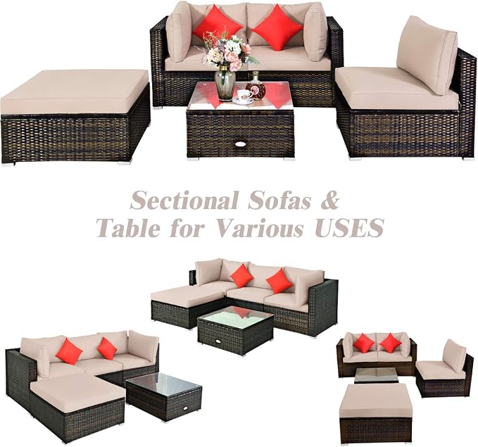 HAPPYGRILL 5 Pieces Patio Conversation Set, Outdoor Rattan Wicker Furniture Set, Sectional Sofa Ottoman Set with Coffee Table, Cushion, Pillow for Garden Lawn Balcony Backyard