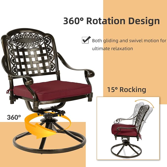5 Piece Patio Dining Set, Outdoor Table and Chairs Set for 4 Cushioned Swivel Rocking Chairs and 35.4'' Round Table, All-Weather Cast Aluminum Patio Funiture Set, 2'' Umbrella Hole, Red