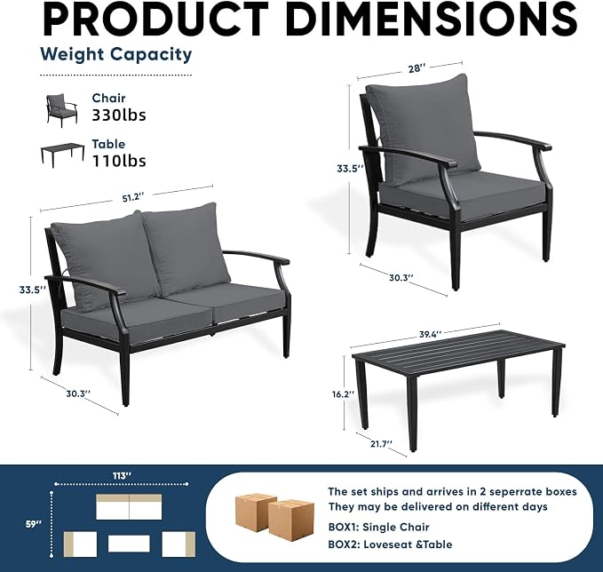 4-Piece Patio Conversation Set,Oversized Outdoor Metal Furniture Set with Table and Loveseat,Removable and Washable Deep Seating Cushions,High Backrest for Porch Poolside Deck,Grey