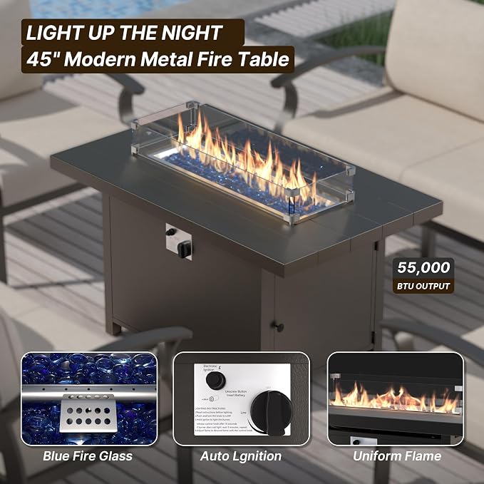 Gotland Aluminum Patio Furniture Set with Fire Pit Table, Metal Patio Furniture with 2 Swivel Rocking Chairs Waterproof 5.1'' Seat Cushions, Oversized Outdoor Sectional for Garden Balcony Porch Khaki