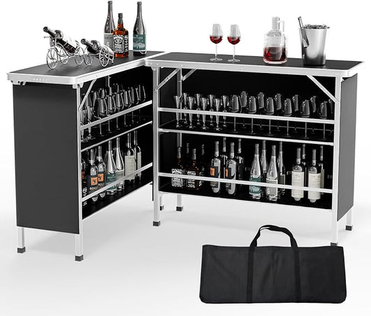 VINGLI 43" Portable Bar Table, 3-Tier Shelves, Carry Bag，Mobile Bar Table for Events, Party, Camping, Picnic, Tradeshow, Outdoor & Indoor with Black Skirt(2, 43") (2) (Black-2P, 43")