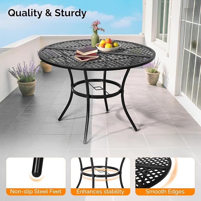 VINGLI 42" Round Outdoor Dining Table - Patio Metal Table with 1.97" Umbrella Hole, Iron Garden Table for Deck Porch Backyard, Black