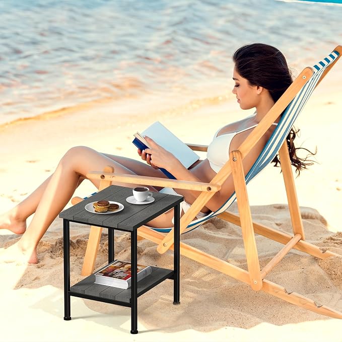 NANANARDOSO 2 Tier Outdoor Side Table with Storage, Adirondack Square Weatherproof End Table for Patio, Garden, Backyard, Porch, Deck, Balcony, Poolside-Grey