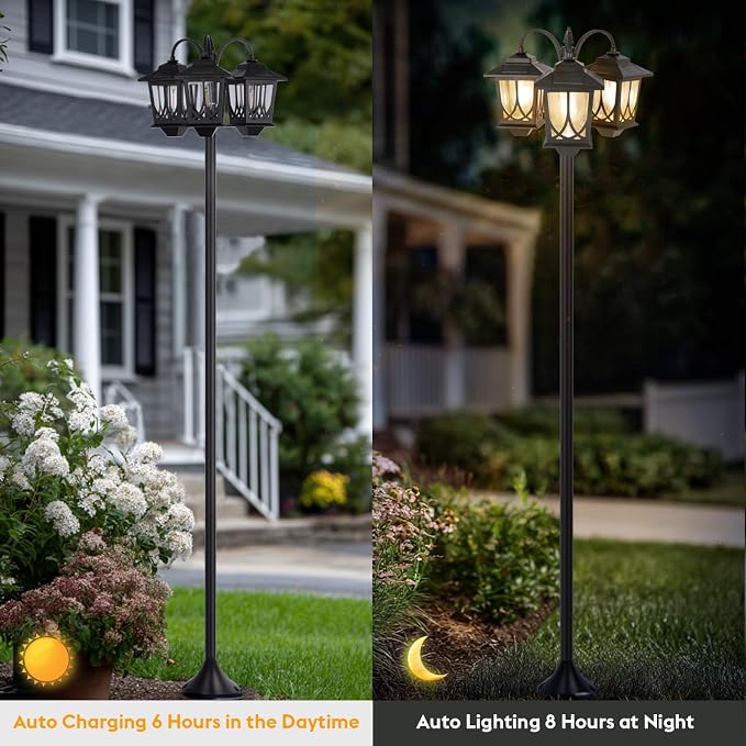 3-Head Solar Lamp Post Light, 73" Solar Lights Outdoor Waterproof, 60Lm 3000K Pathway Lights for Garden, Lawn, Yard