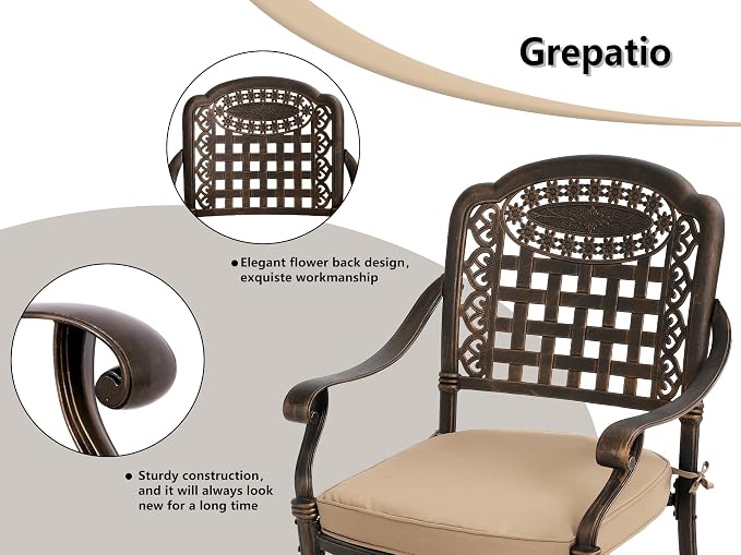 TITIMO 5-Piece Cast Aluminum Outdoor Patio Dining Set, 4 Pattern Chairs and Table,Cast Aluminum Conversation Set with 2.2” Umbrella Hole (Mesh Back Khaki Cushion, 1 Round Table + 4 Chairs)