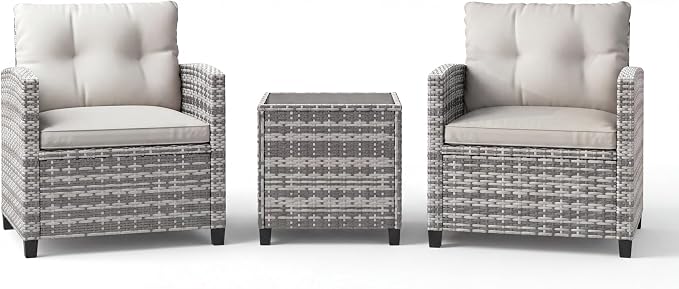 Garvee 3 Piece PE Rattan Patio Furniture Set, Outdoor Chairs and Table Set with Tempered Glass Tabletop and Cushions, Patio Conversation Set for Patio, Balcony, Poolside, Grey and Beige