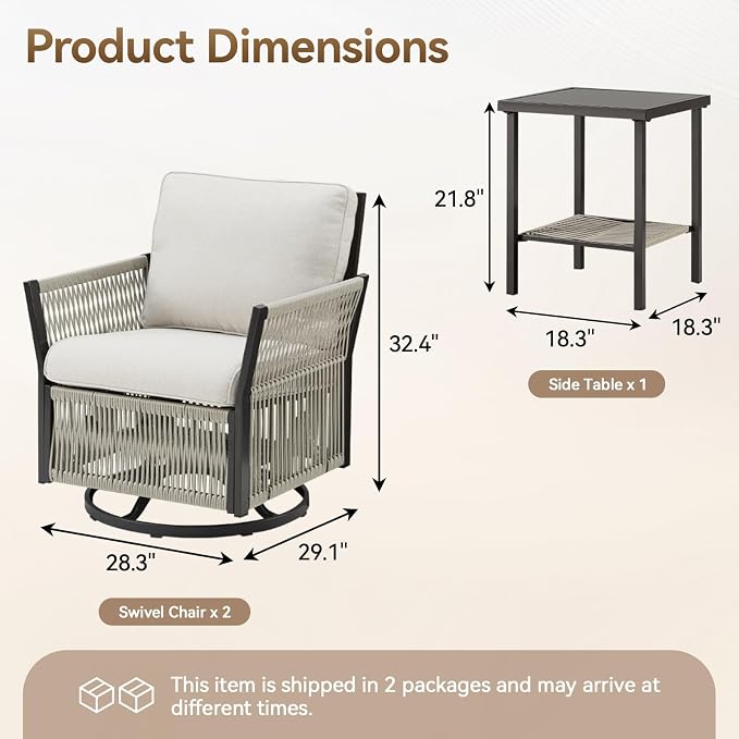 Patio Furniture Set Outdoor/Indoor, Wicker Patio Sofa, 3pcs Furniture Set with Swivel Rocker Chairs and Side Table for Backyard, Garden, Poolside(Beige)