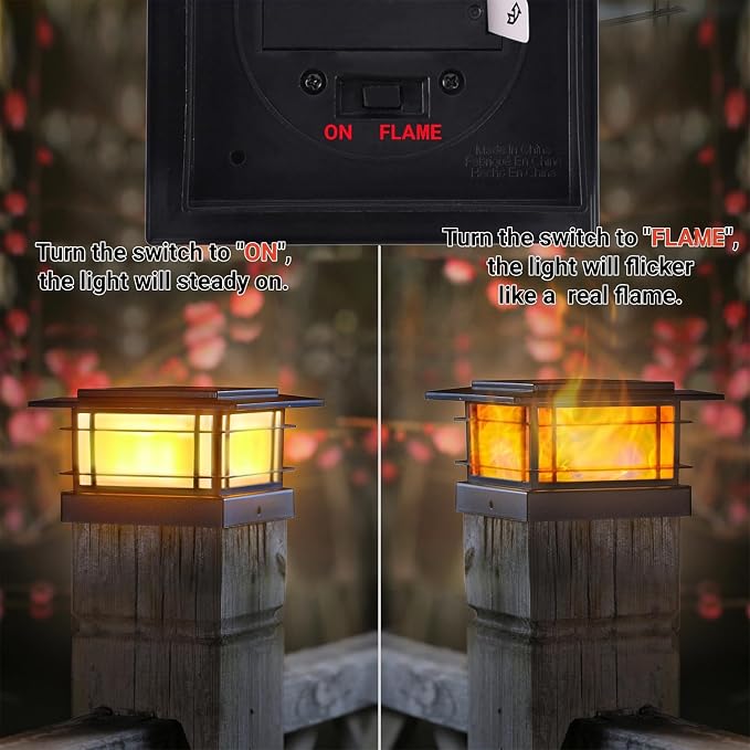 Dynaming 4x4 Solar Post Cap Lights Outdoor with Flickering Flame Light, 12 Pack Black Shell Fence Post Solar Lights Fit Vinyl/Wooden Posts, Brightness LED Lighting Decor for Garden Deck Patio