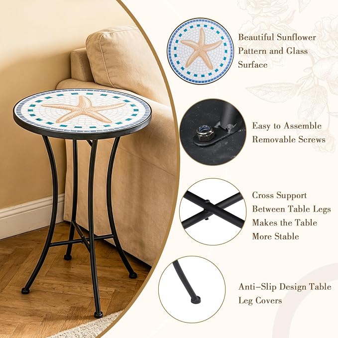 MUMTOP Mosaic Outdoor Side Table, 14" Round Folding Plant Stand for Patio Garden Backyard Balcony Porch Indoor Accent End Table for Living Room, Ceramic Tabletop with Black Iron, Starfish