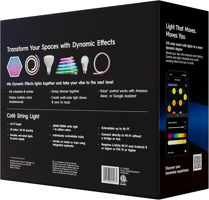 Cync GE Dynamic Effects Color Changing Smart Outdoor String Lights, 48ft | App control, Alexa & Google compatible, color changing patio cafe lights, weather resistant, 48ft, dynamic lighting effects