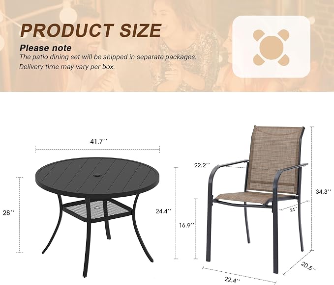 VICLLAX 5 Pieces Patio Outdoor Dining Set, 40.6" Round Metal Table with Umbrella Hole and 4 Stackable Textilene Chairs for Patio, Lawn, Garden, Porch, Black/Brown