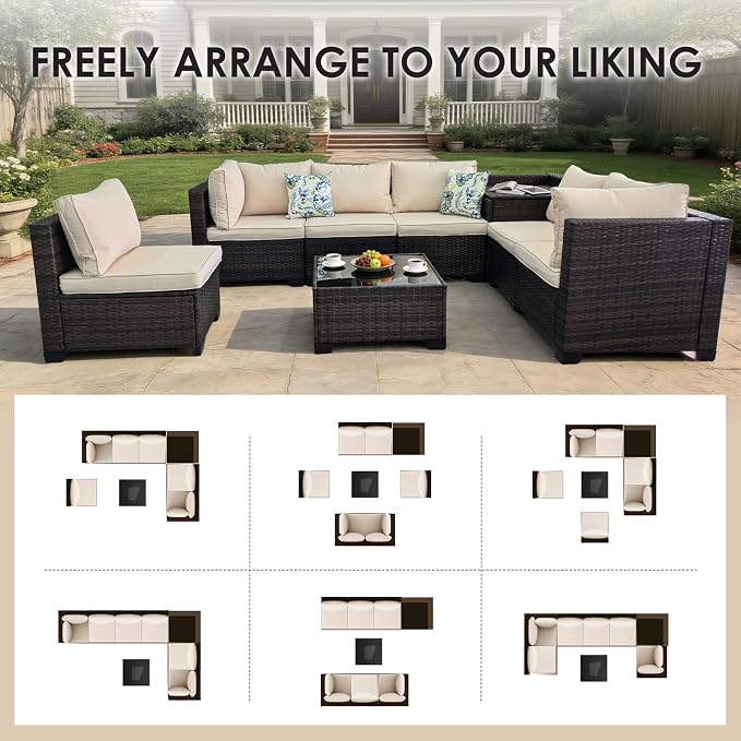 8 Pieces Patio Furniture Set with Storage, Outdoor Sectional Sofas | Storage Box with a Waterproof Bag, Wicker Modular Outdoor Sectional Furniture with Thick Cushions for Deck, Porch, Beige