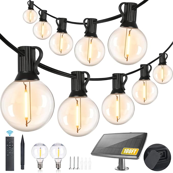 Yusist 100FT Solar String Lights Outdoor Waterproof with Remote, G40 Solar Powered String Lights with 30+2 LED Shatterproof Bulbs, Dimmable Solar Patio Hanging Lights for Outside Backyard Party
