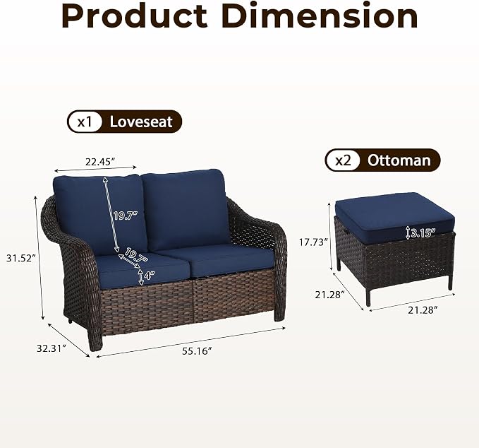 3 Piece Patio Wicker Conversation Set, All-Weather Use Outdoor Wicker Loveseat with 2 PE Rattan Ottomans, Ideal for Porch, Backyard, Balcony, Poolside, Blue