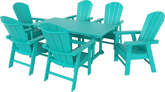 WestinTrends Malibu 7 Piece Adirondack Outdoor Dining Set, All Weather Poly Lumber Patio Table and Chairs Furniture Set, 71" Trestle Dining Table and 6 Adirondack Dining Chair, Turquoise