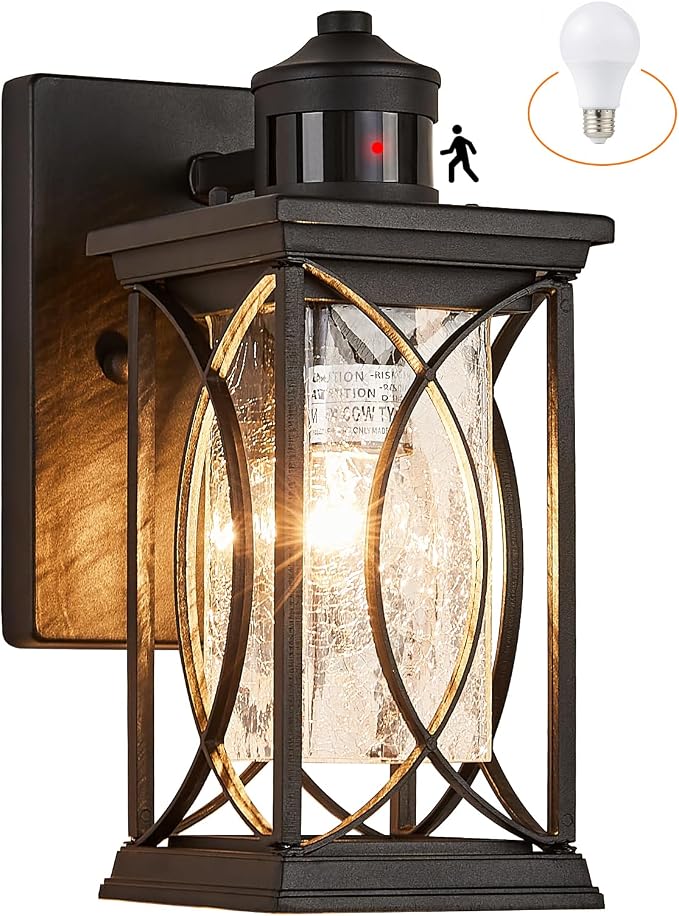Motion Sensor Outdoor Wall Light with Dimmable Bulb, Modern Dusk to Dawn Exterior Light Fixture Wall Mount Porch Light Black with Crack-Like Glass Coach Lantern for House Garage