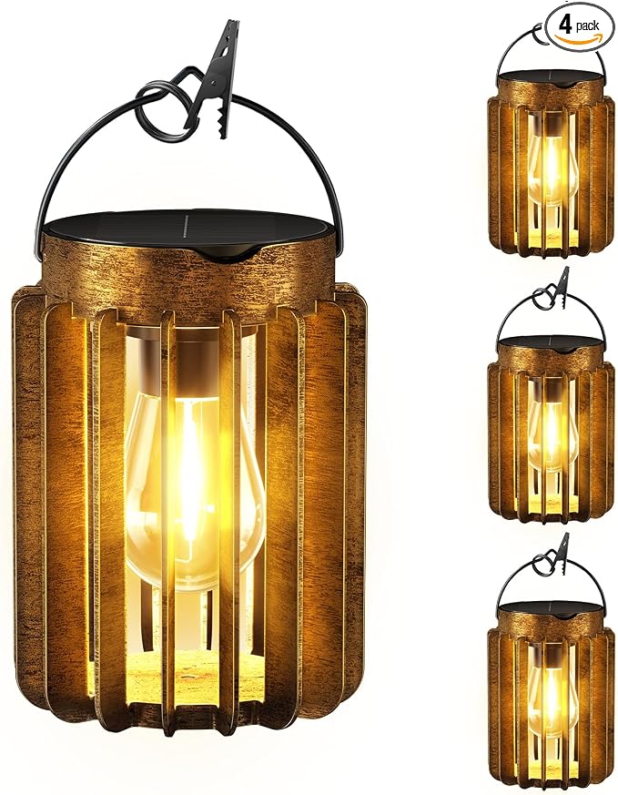 4 Pack Solar Lanterns Outdoor Waterproof, Retro Metal Hanging Lantern | 12-Hr Runtime Outdoor Solar Lantern, Auto On At Dusk, High Bright Hanging Solar Lights for Outside Garden Porch Patio Decor