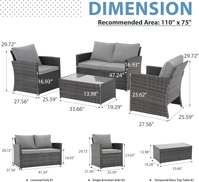 JOIVI Patio Furniture Set, 4 Piece Outdoor Patio Conversation Set, All-Weather PE Rattan Wicker Sectional Patio Sofa Set with Tempered Glass Coffee Table, Light Gray