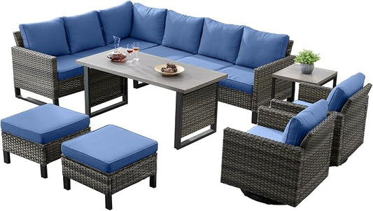 Belord Patio Sectional Furniture Set with Coffee Table: 8 Pieces Wicker Patio Conversation Set with L Shaped Sofa, Outdoor Swivel Glider Rocker, Rattan Ottomans, Removable
