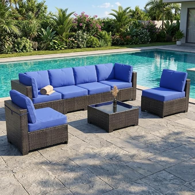 GAOMON 7-Piece Outdoor Patio Furniture Set, All-Weather Wicker Sectional Sofa with Thick Cushions and Glass Top Coffee Table, Modular Conversation Set for Garden, Balcony, Porch, Poolside