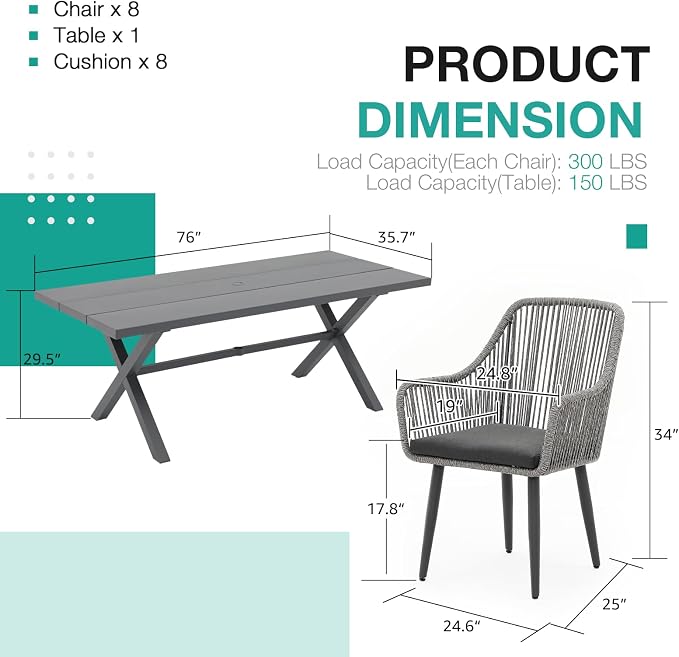 Patiorama 9-Piece Outdoor Patio Dining Set, Patio Dining Table Chair Set for 8, Patio Wicker Dining Furniture Set with 76'' Aluminum Rectangular Dining Table & Twisted Rattan Chairs for Garden, Grey