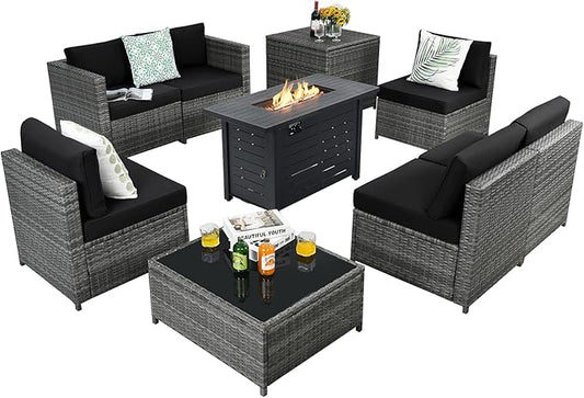 Tangkula 9 Pieces Patio Rattan Furniture Set, Patiojoy Sectional Sofa Set w/Storage Box, Coffee Table, Outdoor Wicker Conversation Set w/ 42” ETL Approved Propane Fire Pit Table (Black)