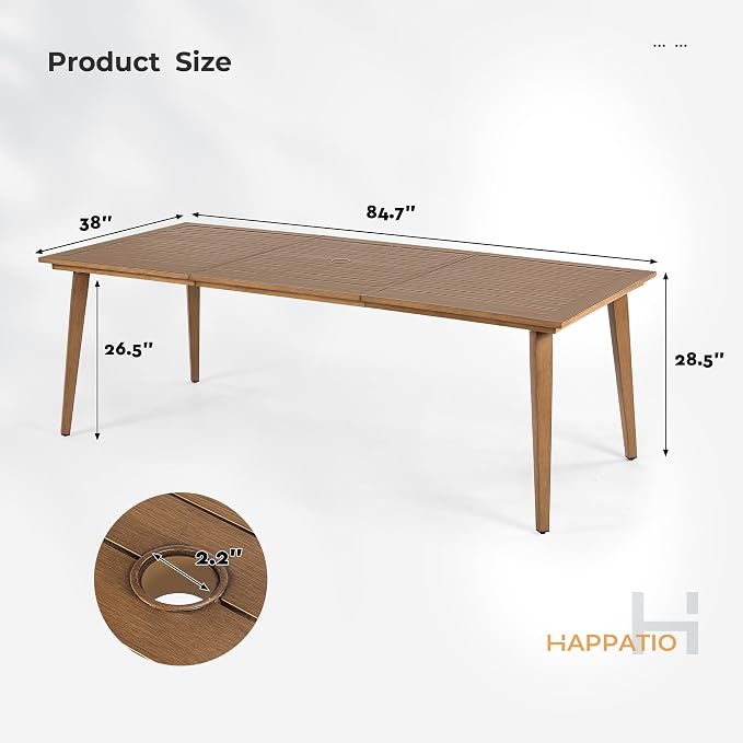 HAPPATIO Outdoor Dining Table for 8, Rectangular Aluminum Patio Table with Umbrella Hole, 8-Person Rustproof Wood-Like Table for Lawn Garden Backyard